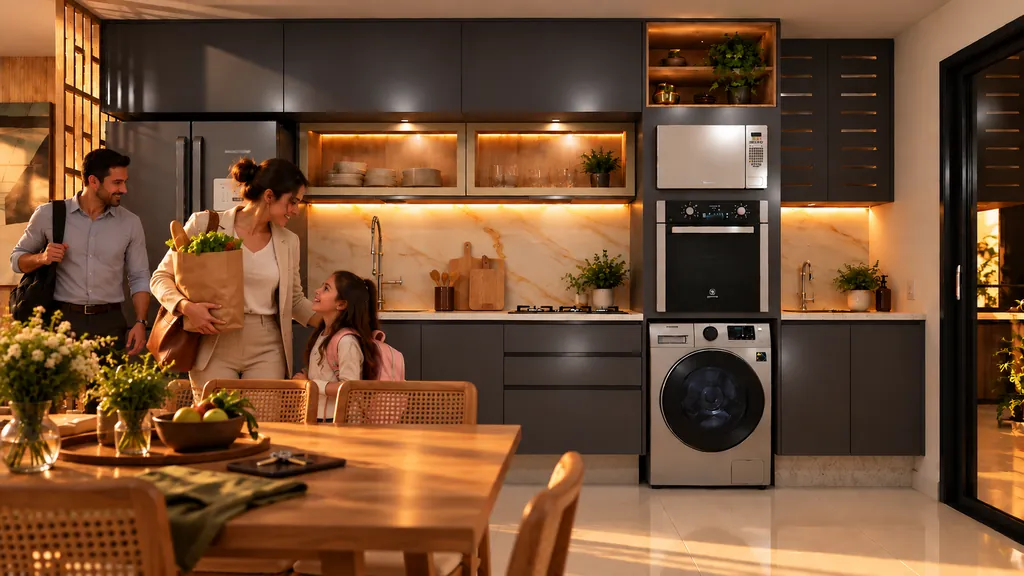 Família chega em casa no fim da tarde, com sacola de compras, na cozinha planejada de luzes acesas.