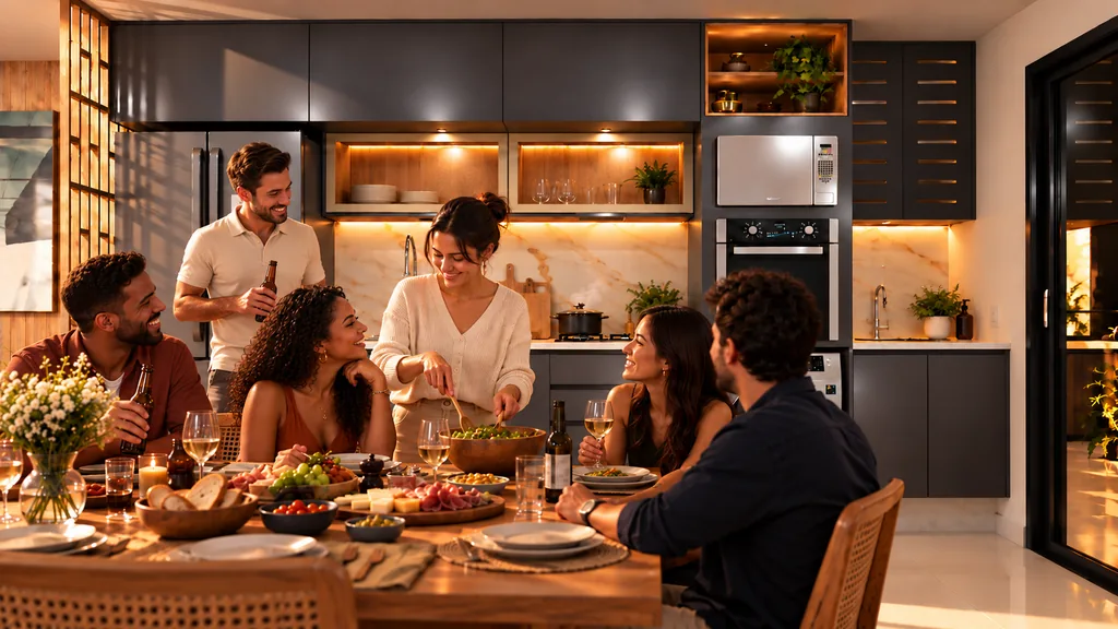 Amigos à mesa de madeira enquanto a anfitriã serve a salada, com a cozinha planejada ao fundo.