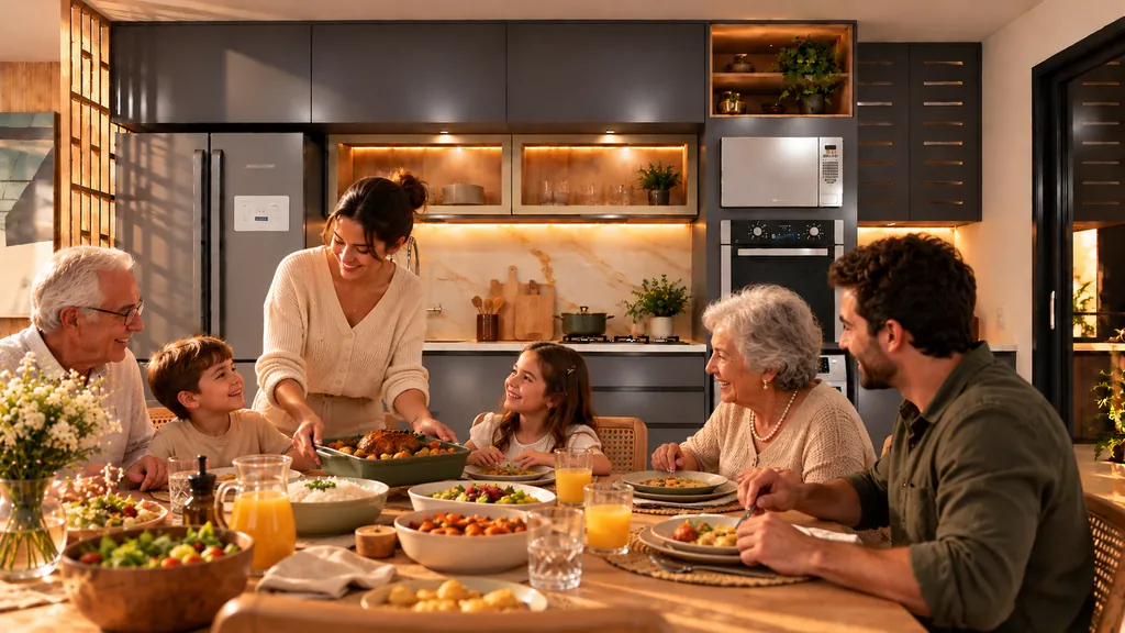 Almoço de família com avós, pais e crianças na mesa de madeira, ao lado da cozinha planejada.