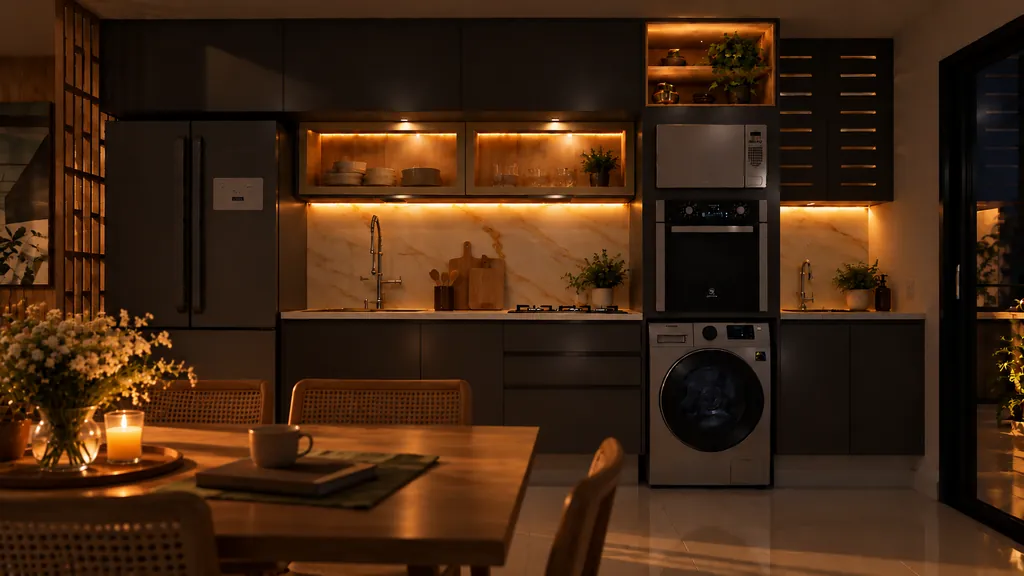 Cozinha planejada à noite, só com a iluminação embutida acesa, a bancada livre e uma vela sobre a mesa.