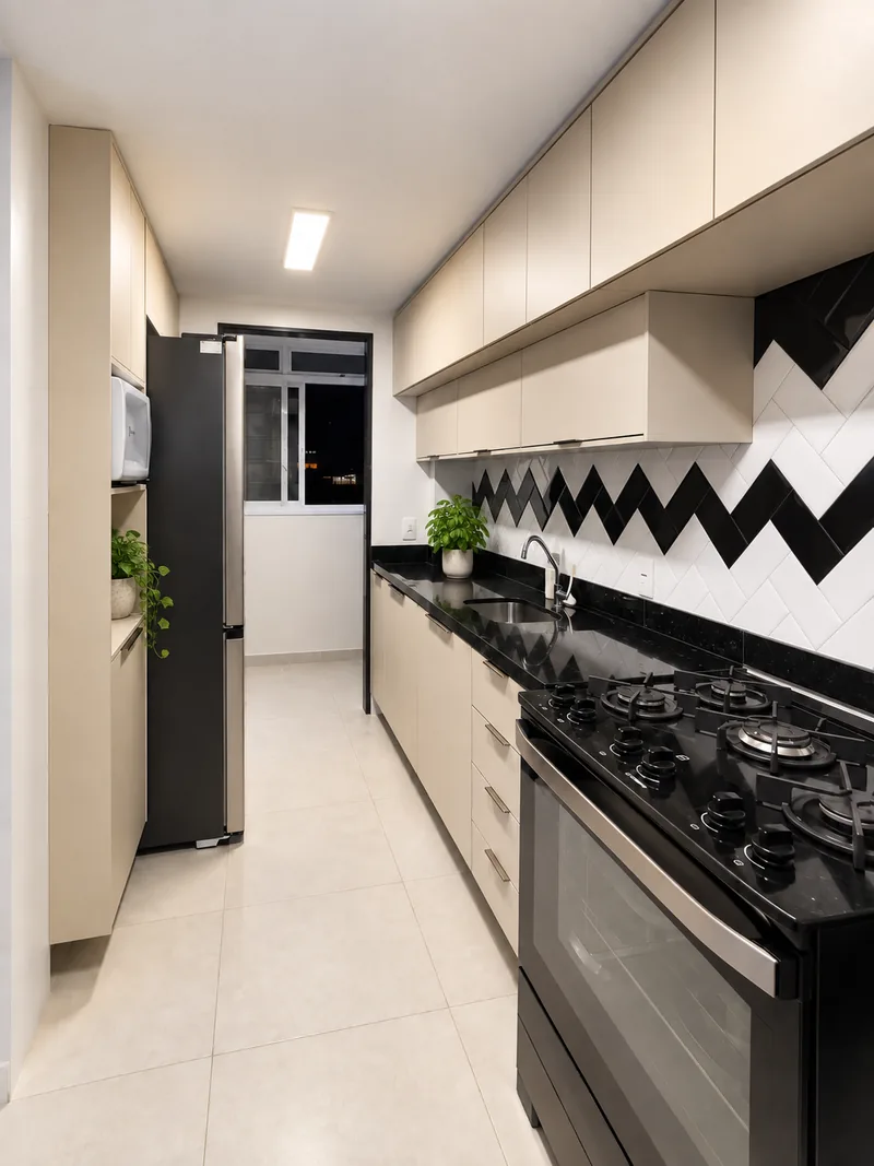 Cozinha estreita com armários bege, bancada de granito preto e revestimento em zigue-zague preto e branco.